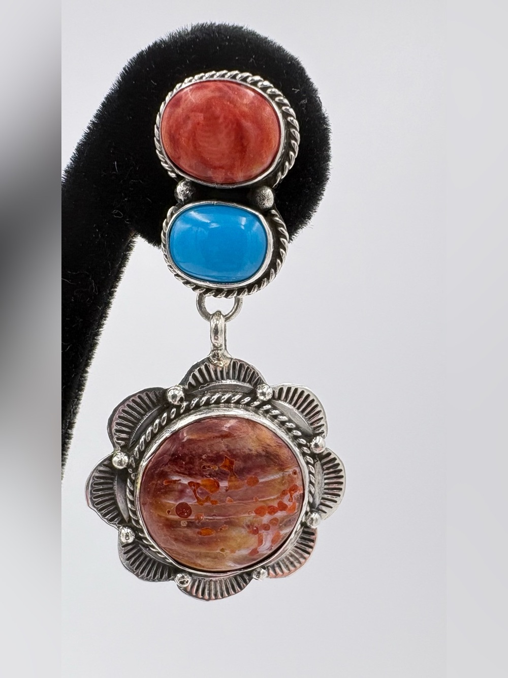 Vintage Etta Endito Navajo 925 Silver Spiny Oyster Shell & Turquoise Earrings - Picture 2 of 10